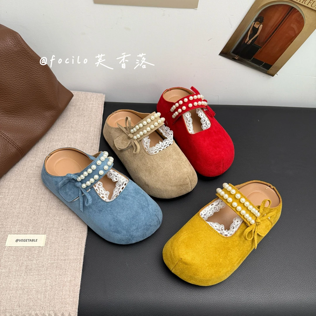 2025春季蕾丝拼色蝴蝶结厚底包头勃肯鞋凉拖防滑网红韩版凉拖女鞋