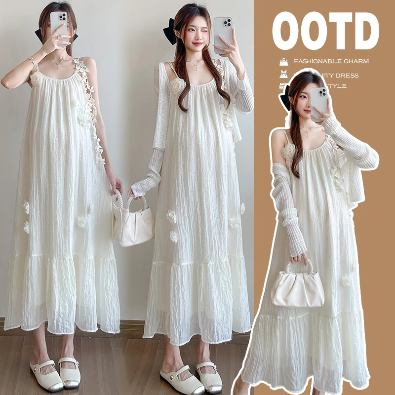 孕妇装夏季新款法式小众设计感绣花甜美温柔风吊带连衣裙春秋款