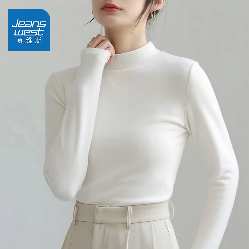 真维斯白色半高领打底衫女2025新款冬季学生修身显瘦内搭长袖上衣