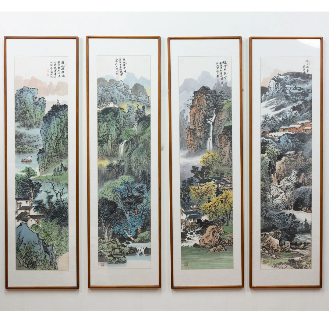 张现军手绘写意四条屏客厅办公室挂画带框尺寸162*47