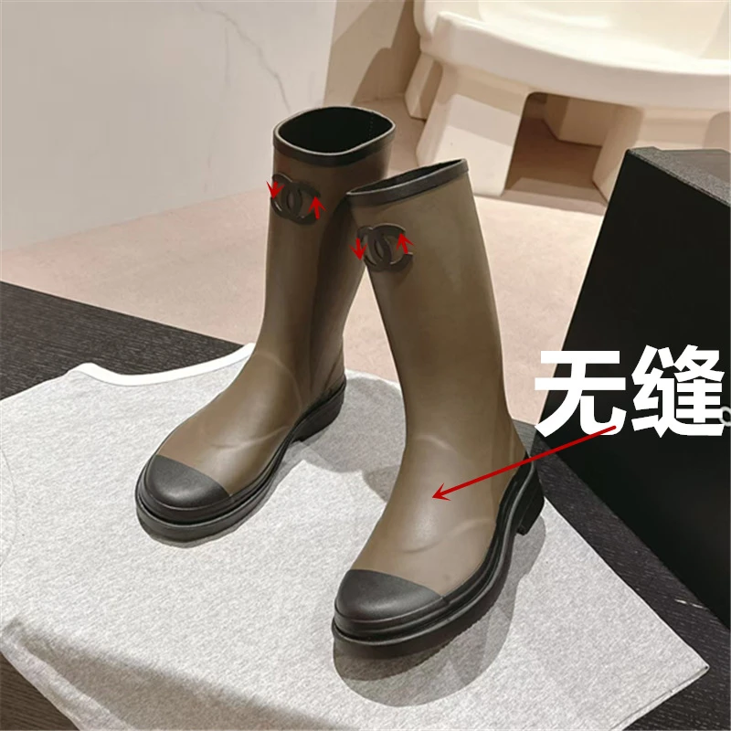 小香风不过膝长筒雨靴女2025新款无缝厚底高筒防水防滑圆骑士靴