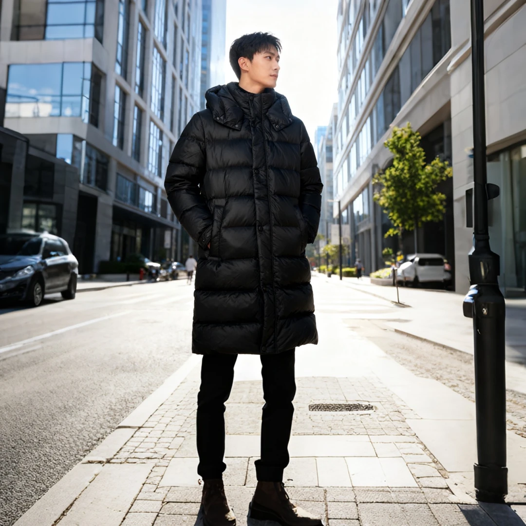男士纯色连帽长款哑光版鹅绒羽绒服010