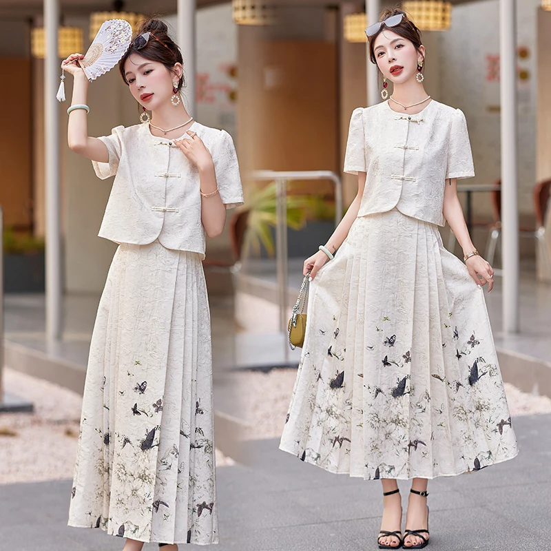 新中式国风马面裙套装女2025夏季新款高级感提花唐装连衣裙两件套