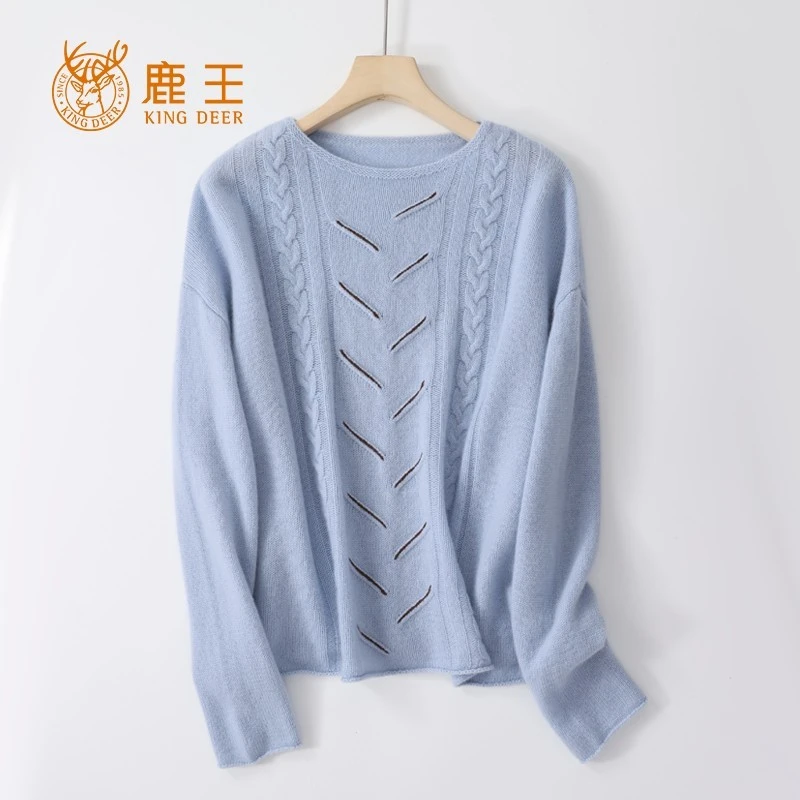 鹿王24新款女一字领100山羊绒时尚绞花插肩袖针织女套衫 3M283