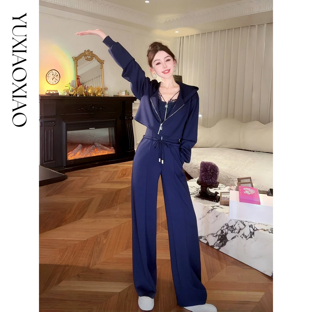 余潇潇【慵懒蓝调】设计感精致花边钉珠宽松外套&吊带连体裤套装