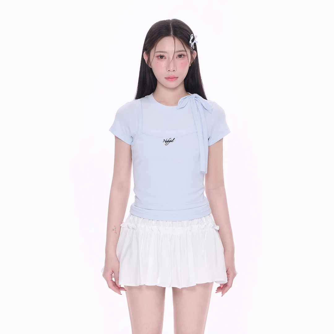 NCXK-立体刺绣绑带设计假两件修身短款短袖正肩显瘦百搭DX25057