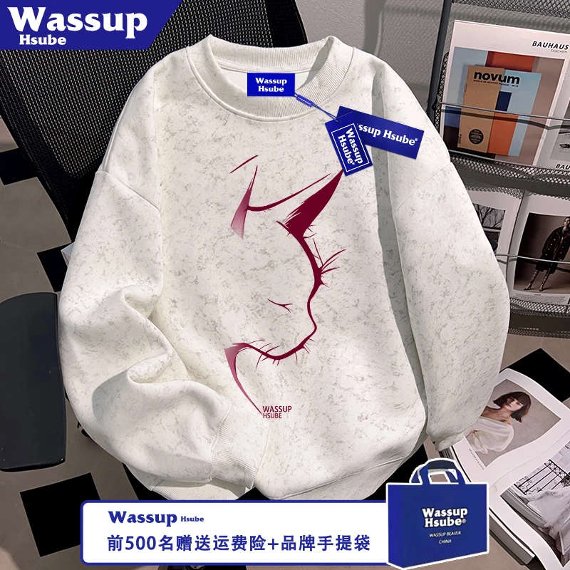 WASSUP HSUBE秋冬季猫咪印花街头潮酷卫衣男女款白色新颖蜡染上衣