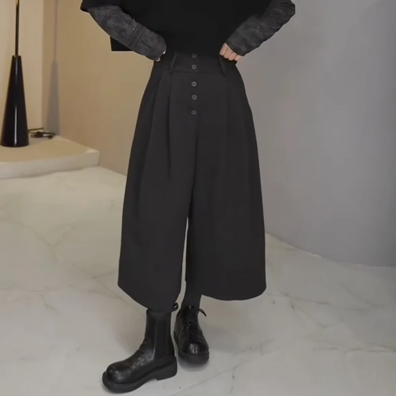 2025年秋装新款单排多扣高腰阔腿裤女宽松显瘦百搭纯色韩版休闲裤