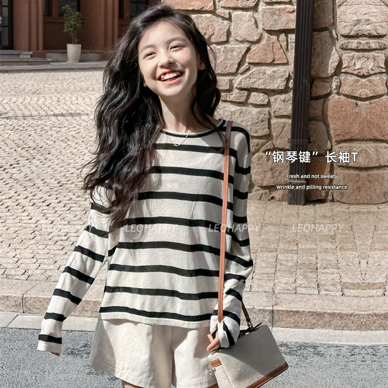 LEOHAPPY【钢琴键】爽亚麻双色色间条线条圆领条纹毛衣T恤