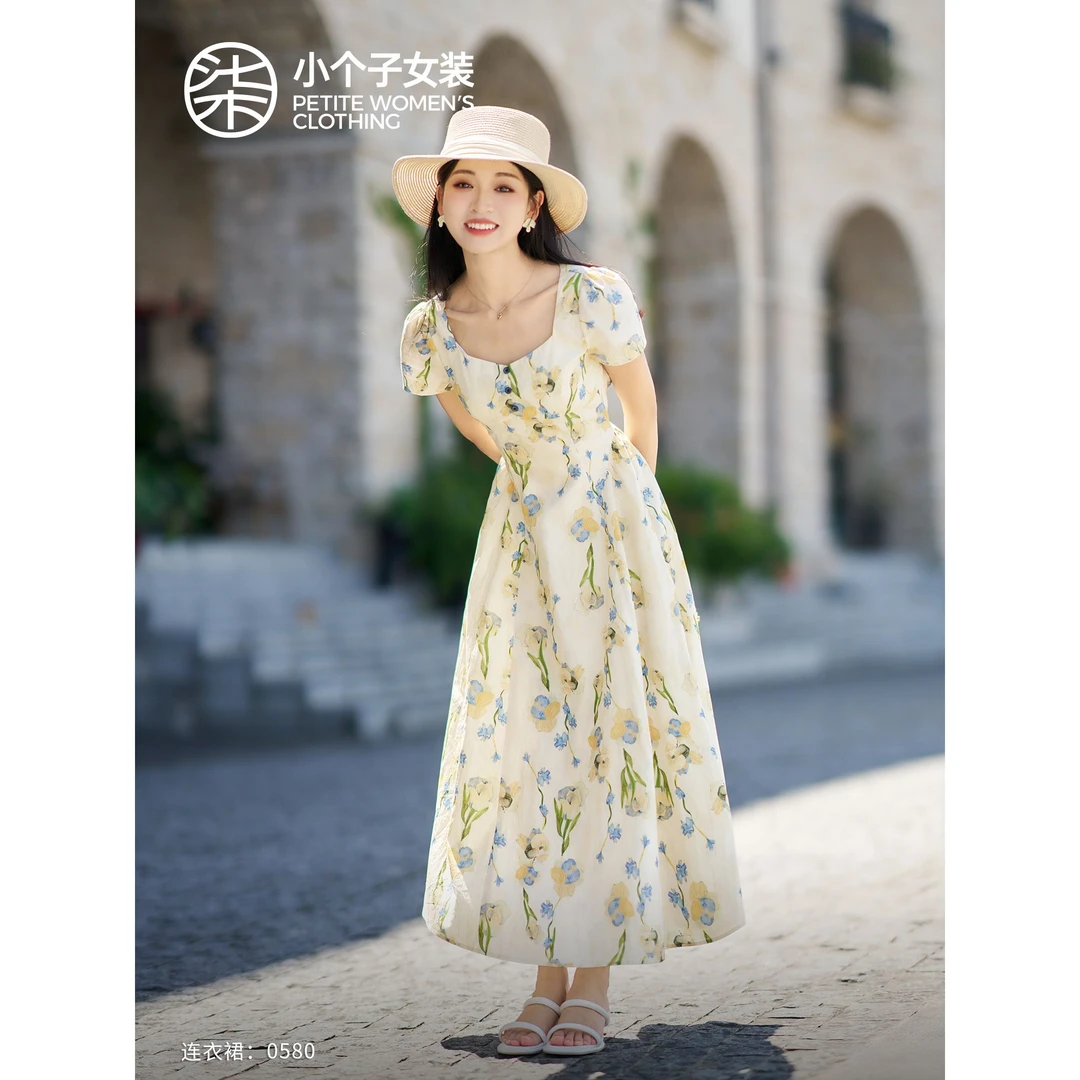 【柒量一裁】【郁金香】0580小个子杏色方领碎花连衣裙收腰显瘦长裙子