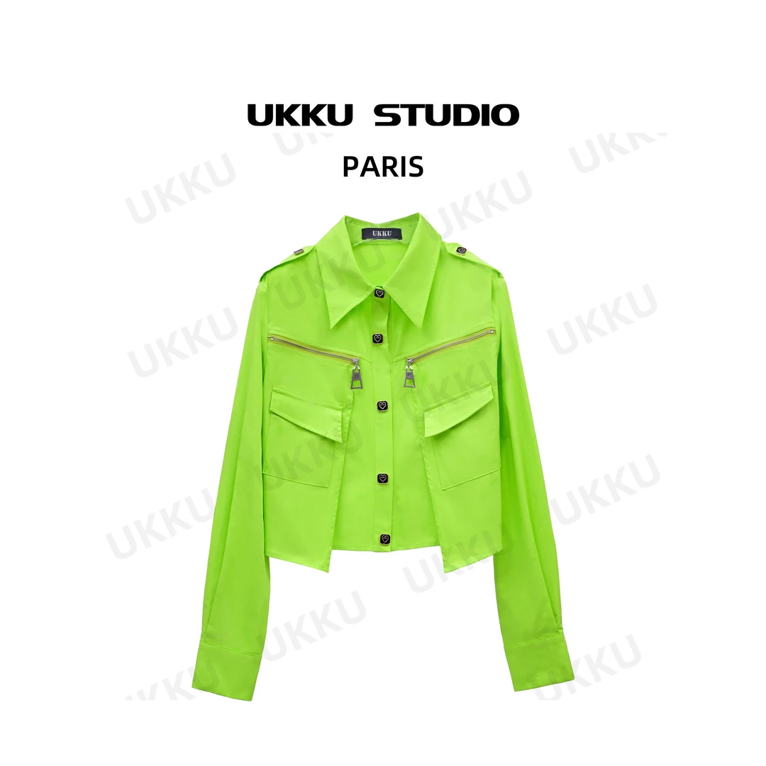 肉肉【UKKUSTUDIO】气质时尚休闲短款潮流轻奢翻领衬衫512718