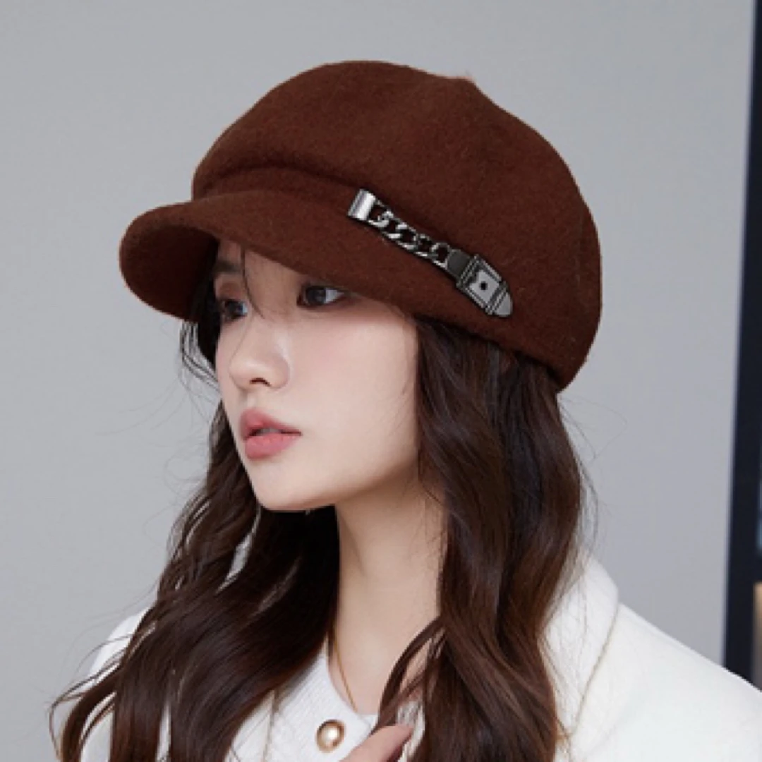 金属标羊毛八角帽冬季帽子户外休闲显脸小女复古纯色贝雷帽子