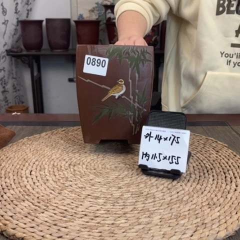 紫砂花盆紫泥手绘中号纳福四方0890