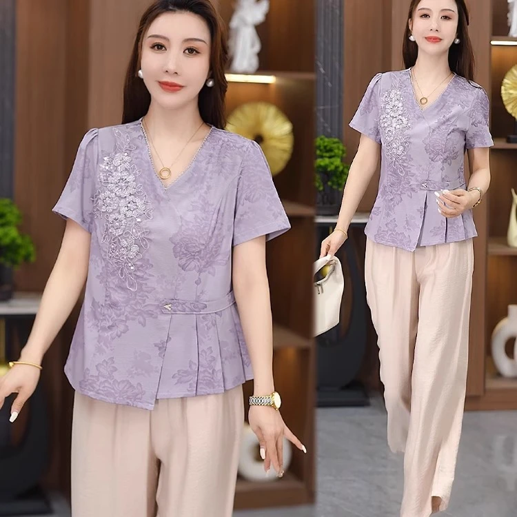 时尚套装2025夏季新款提花新中式国风短袖上衣阔腿裤两件套妈妈装