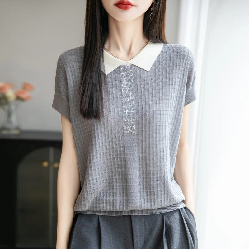 羊范2025夏季天丝娃娃领华夫格烫钻针织短袖女撞色宽松显瘦百搭T