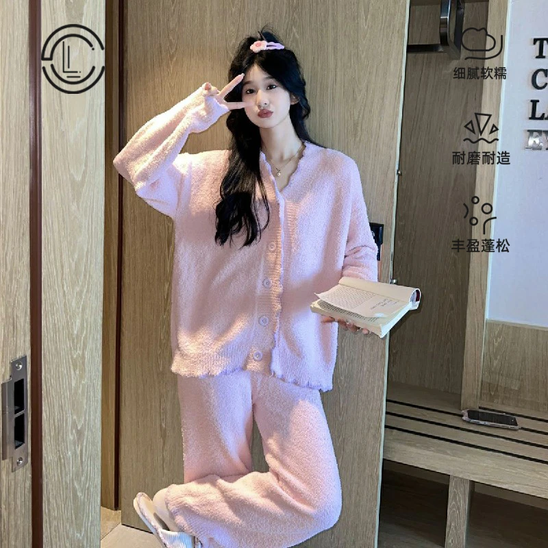 叶境A类【慵懒风】简约宽松加绒毛绒睡衣家居服半边绒家居服冬季