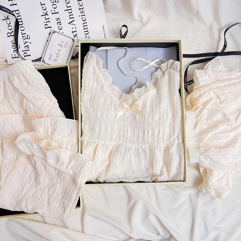 春夏新款睡衣女套装三件套夏季宽松网红短款韩版休闲可外穿家居服