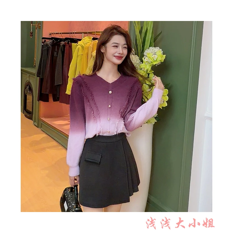 鸡心领针织渐变长袖百搭毛衣女毛针织衫薄款上衣针织衫女