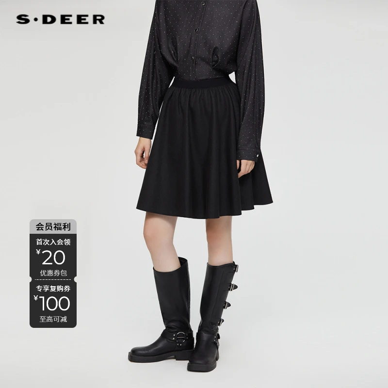 S·DEER圣迪奥半身裙秋冬全棉中高腰双层黑色松紧腰短裙S253Z1303