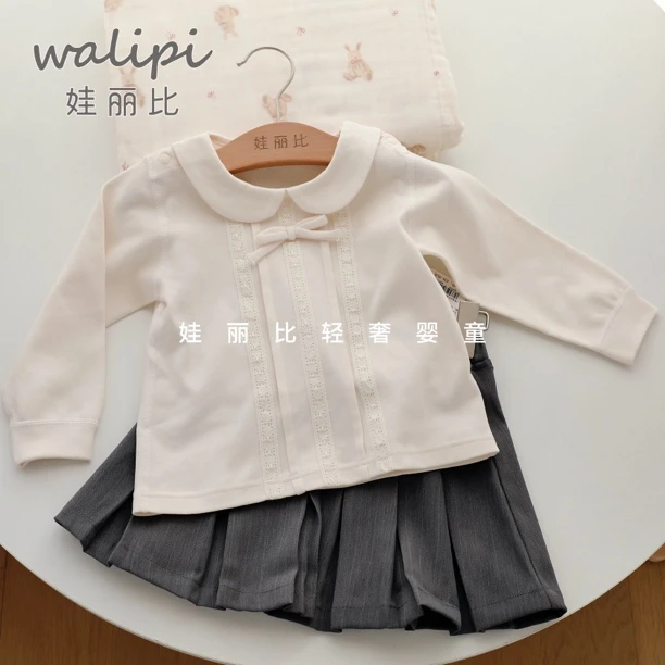 娃丽比26年百褶裙套装纯棉女童秋季新款长袖纯色娃娃衫衬衫