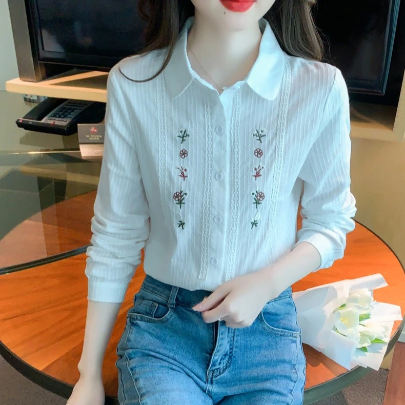 洋气肌理棉长袖衬衫女2025春季新款文艺风绣花上衣气质衬衣2580
