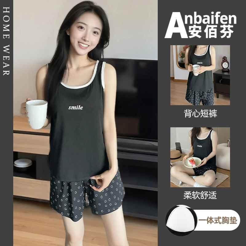 带胸垫圆领套头睡衣女夏季休闲简约背心短裤可外穿无袖笑脸家居服