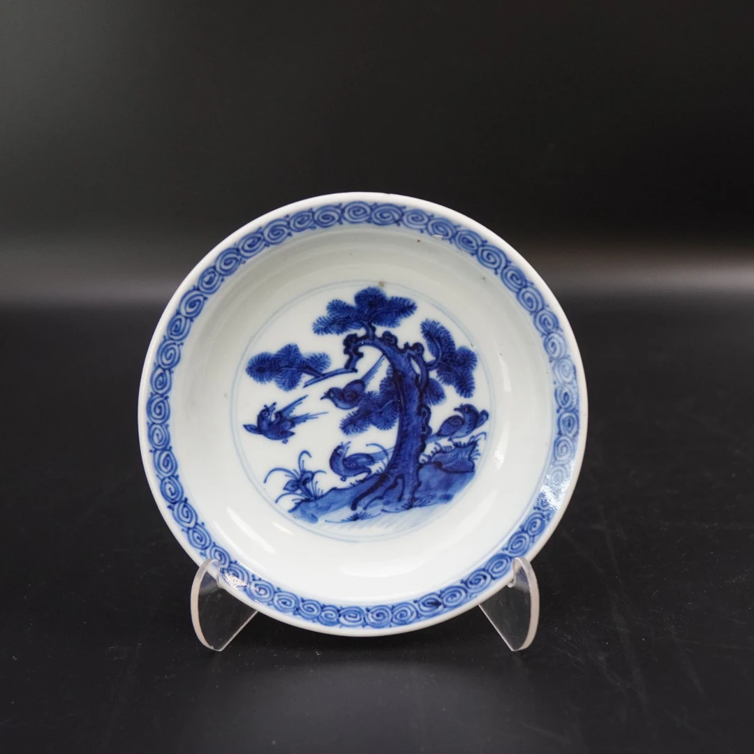 Lot.25110422清雍正青花松鸟图盘 直径：约13.4cm