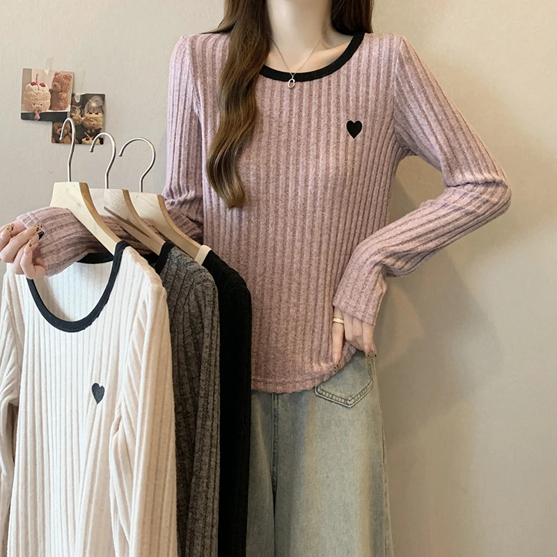 哺乳衣外出新款胖mm大码女时尚撞色秋冬爱心坑条圆领加厚针织上衣