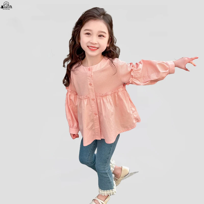 2025新款女童秋装长袖衬衫甜美蝙蝠袖娃娃衫春秋中小童纯色上衣