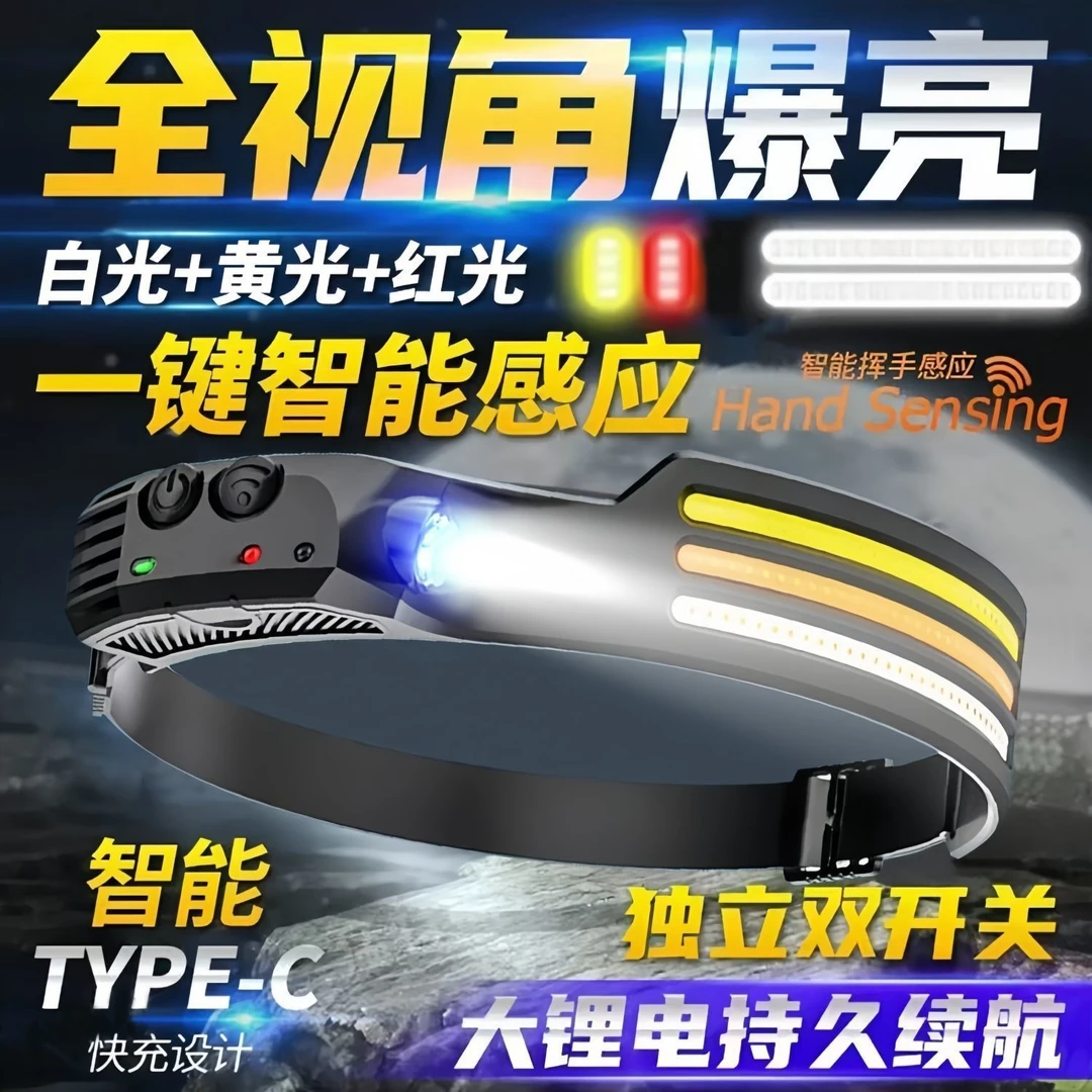户外感应头灯硅胶便携式强光可充电钓鱼照明骑行照明超亮防水头灯