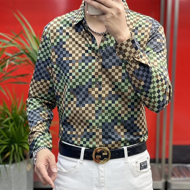 [专柜品质]男士2025春季新款长袖衬衫千鸟格纹商务翻领薄款潮流