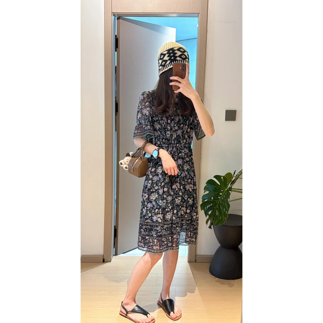 元现货韩国岛屿家2025夏季新款收腰碎花连衣裙女绑带收腰显瘦裙子