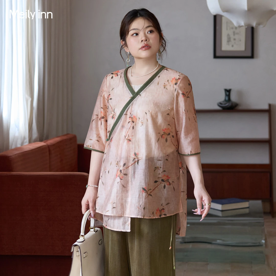 美丽客栈莱赛尔天丝亚麻新中式国风小衫2025夏胖mmV领中长款上衣