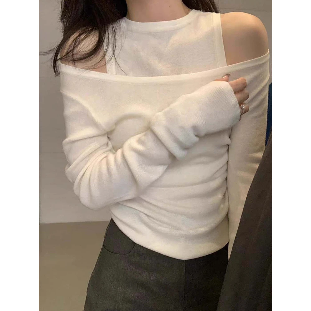 高级感露肩设计感假两件坎肩女春秋款韩版百搭气质内搭外穿针织衫