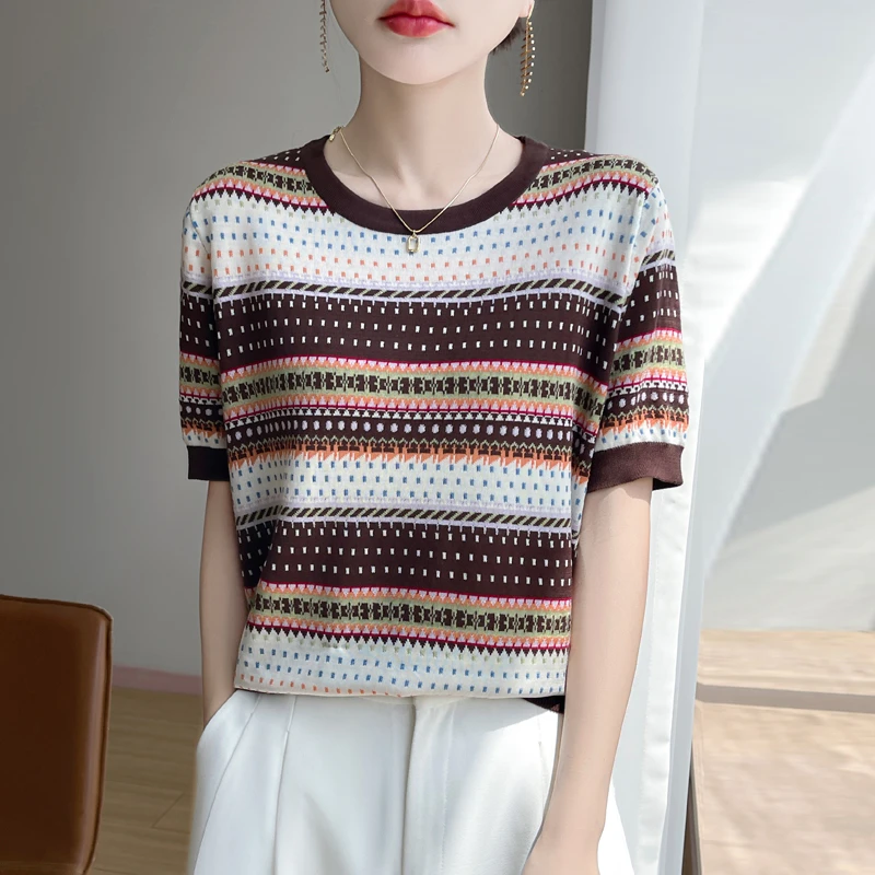 RZ.复古圆领针织衫短袖夏季凉爽百搭气质提花宽松T恤套头