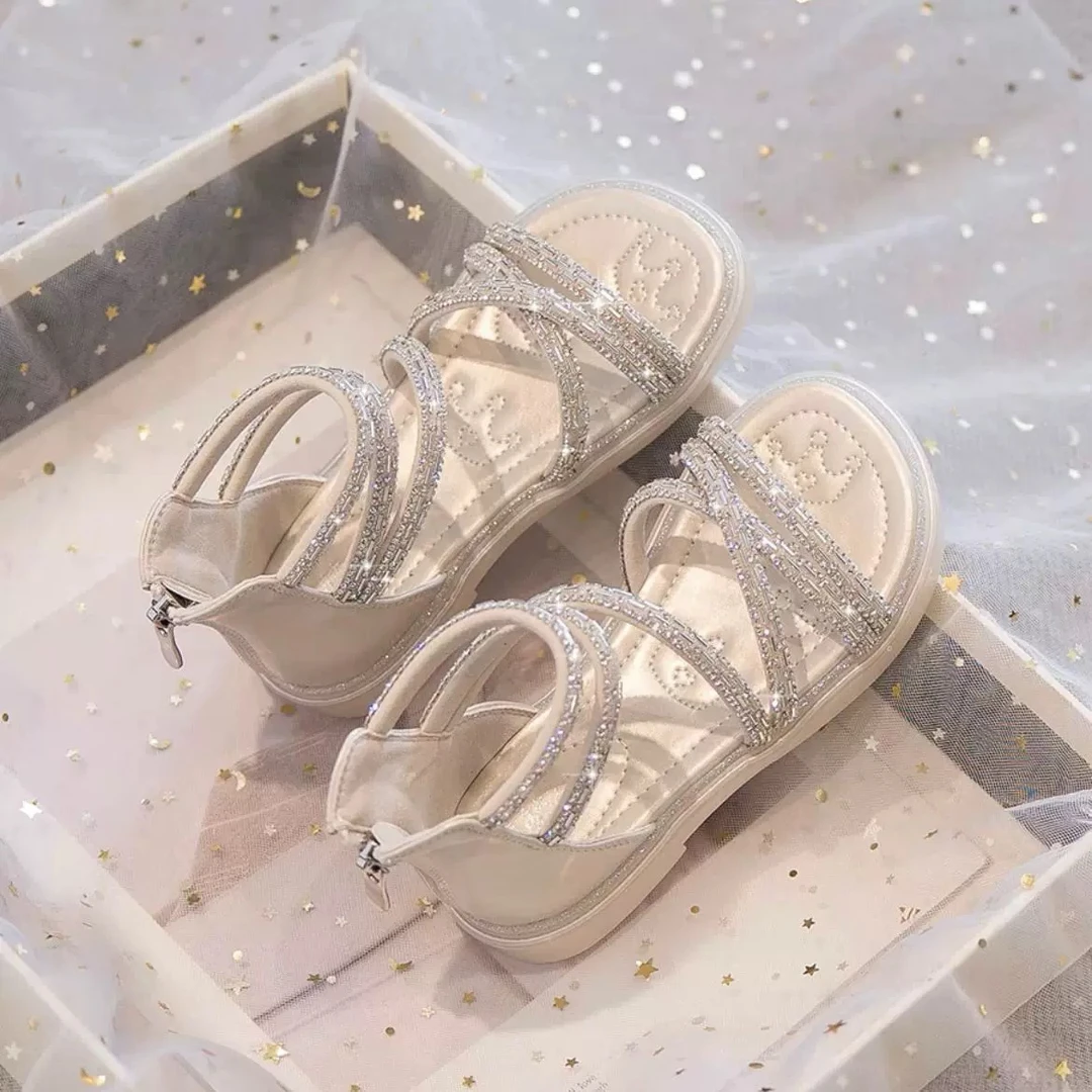 2025夏季新款时尚百搭公主凉鞋女童软底亮钻儿童鞋小女孩防滑鞋