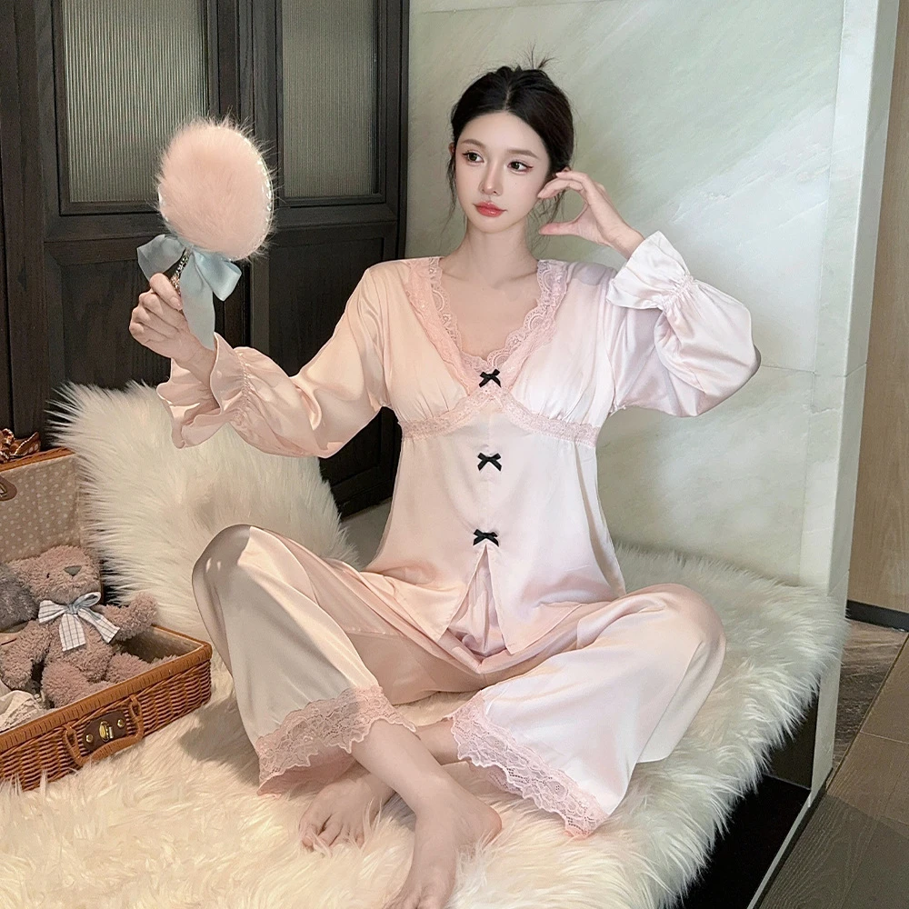 睡衣女春秋季冰丝性感白色纯欲长袖薄款蕾丝法式纯欲带胸垫家居服