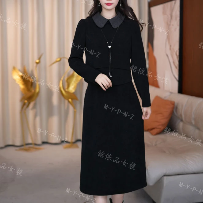 连衣裙显瘦气质长袖轻奢女装时尚黑色秋冬显瘦气质长袖时尚中长裙