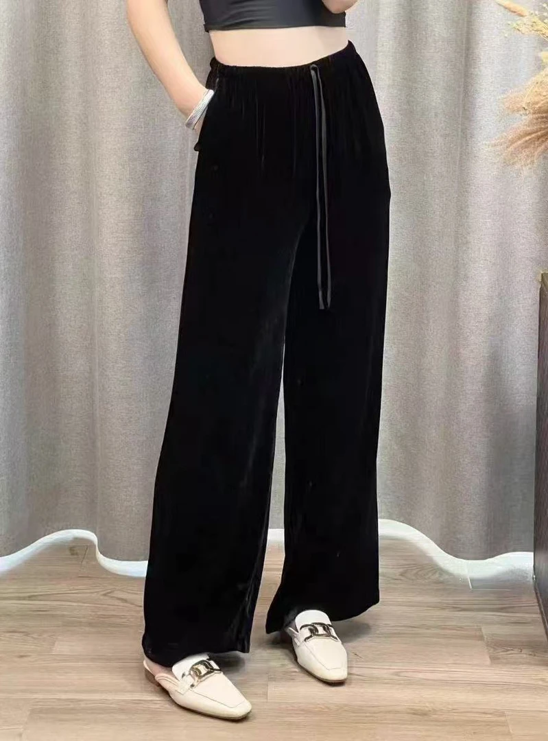 真丝丝绒直筒裤女高腰垂感宽松减龄百搭女裤