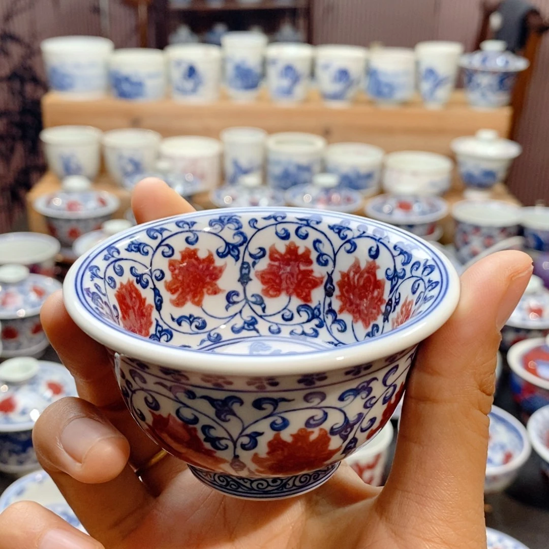 缠枝莲满绘压手杯原矿手绘