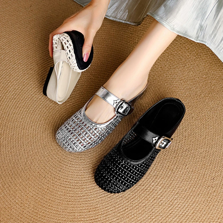 巨软~夏季新款编织镂空软底透气包头半拖鞋复古休闲复古凉拖鞋女