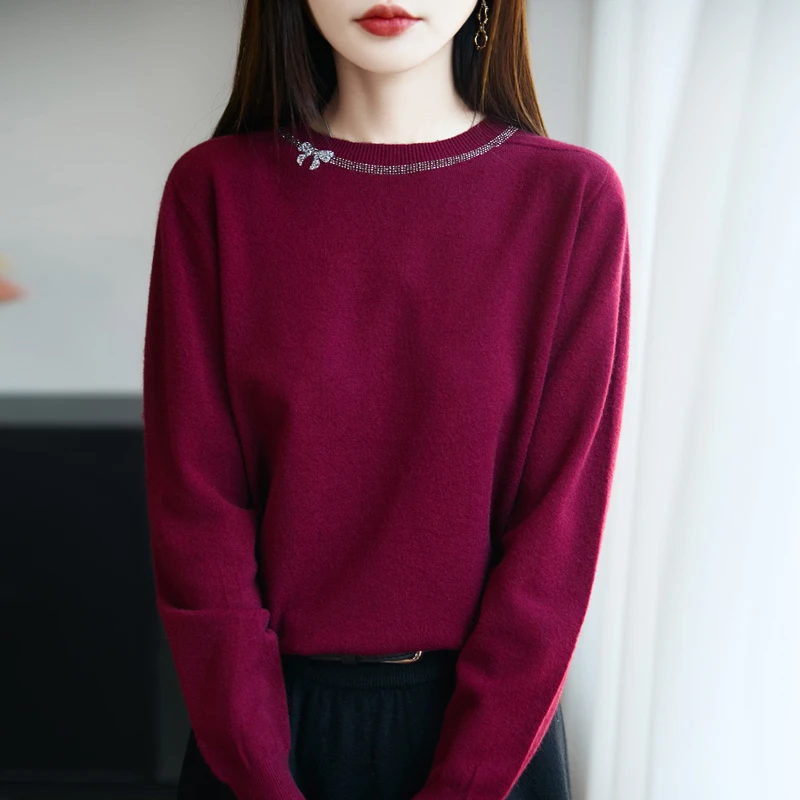 【一线成衣】大码秋冬带钻圆领毛衣长袖针织衫宽松女