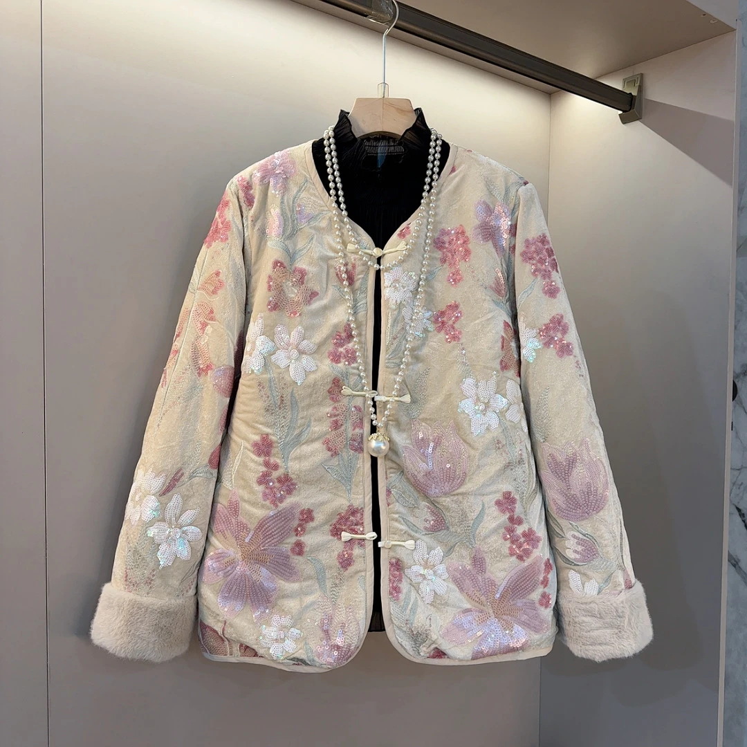 经典复古风新中式盘扣拼接袖口毛毛边欧货洋气女装棉服外套衣长69