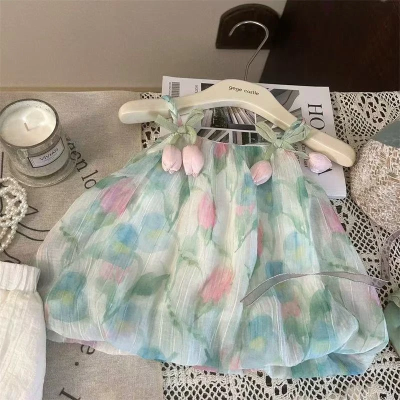 新款夏季花苞吊带郁金香包屁裙女童洋气韩版