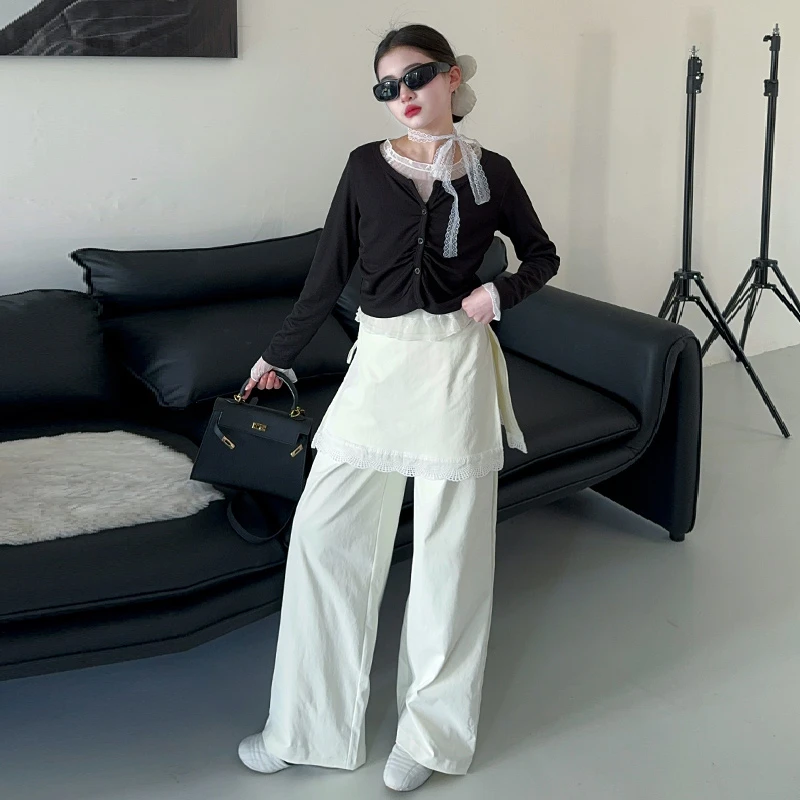 [麦哆哆」女童中大童春季设计感洋气上衣拼接屁帘拖地阔腿裤套装