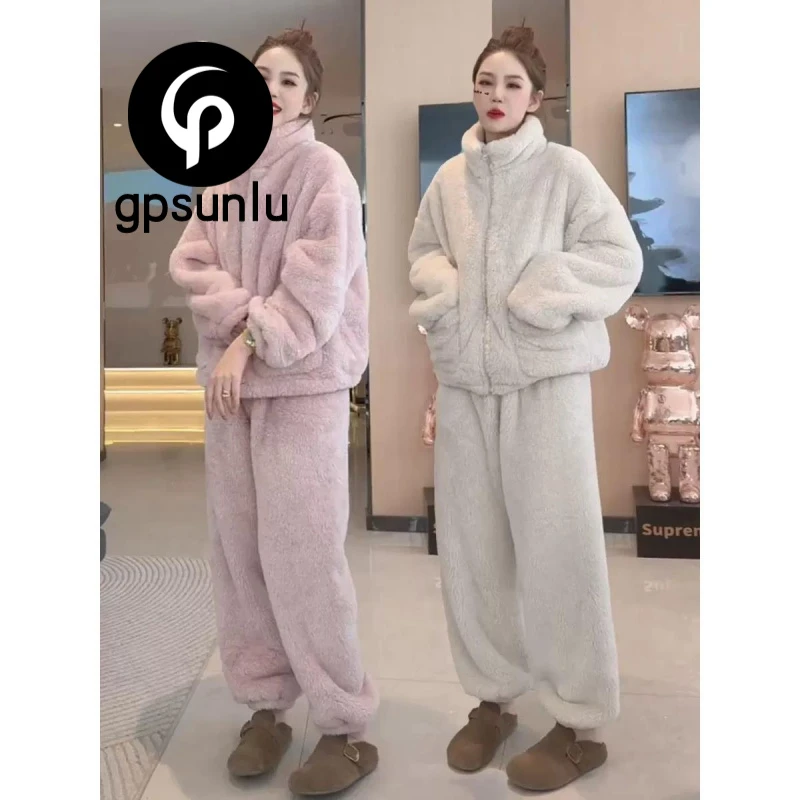 gpsunlu慵懒风立领加绒加厚居家服保暖韩版纯色宽松女睡衣秋冬