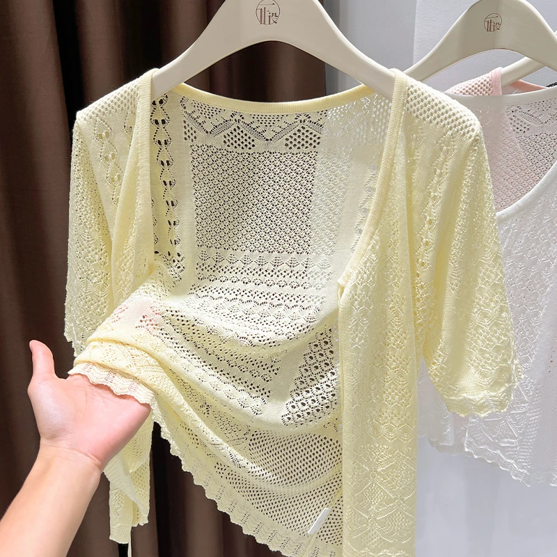 黄色V领减龄针织短袖开衫2025夏季新款设计感镂空配吊带裙外搭女