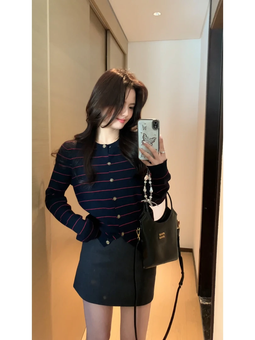 【肉肉】春季新款韩系简约高级薄开衫外套女条纹针织衫显瘦外搭上衣