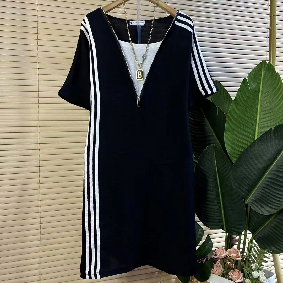 S胖mm欧货时尚新款慵懒风拼条假两件大衫裙