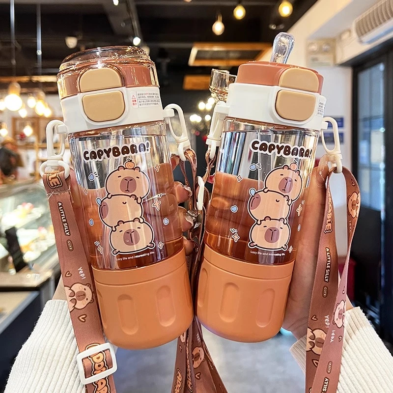 卡皮巴拉水杯女生夏天可爱双饮吸管杯子学生上学专用2025新款水壶